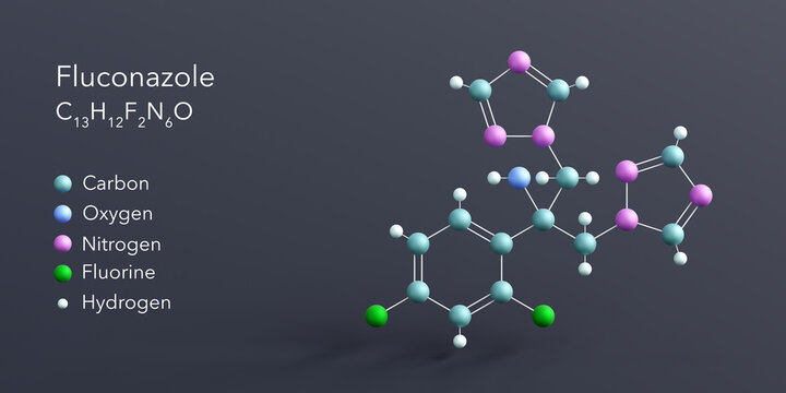 fluconazole molecule 3d rendering, flat molecular structure with chemical formula and atoms color coding