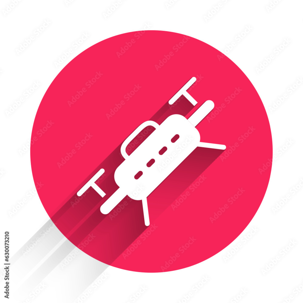 Poster white drone flying icon isolated with long shadow background. quadrocopter with video and photo came