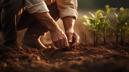 Senior man gardening holds fertile soil in his hands with growing green seedling. Spring garden planting process.