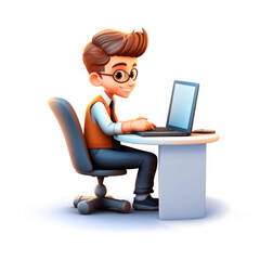 Drawing in the style of 3D cartoon. Cute boy at the computer.