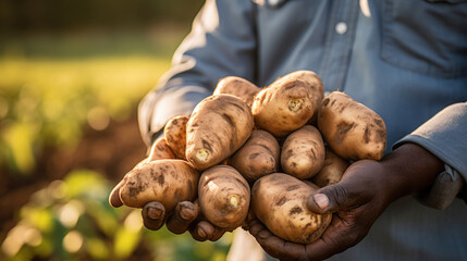 Male farmer holding a potato crop in his hands.