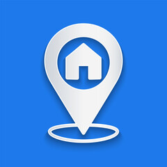 Paper cut Map pointer with house icon isolated on blue background. Home location marker symbol. Paper art style. Vector