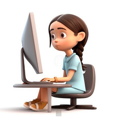 Drawing in the style of 3D cartoon. Girl at the computer.