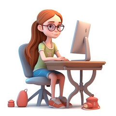 Drawing in the style of 3D cartoon. Girl at the computer.