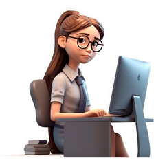 Drawing in the style of 3D cartoon. Girl at the computer.