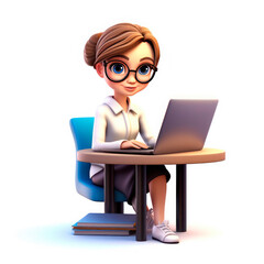 Drawing in the style of 3D cartoon. Girl at the computer.