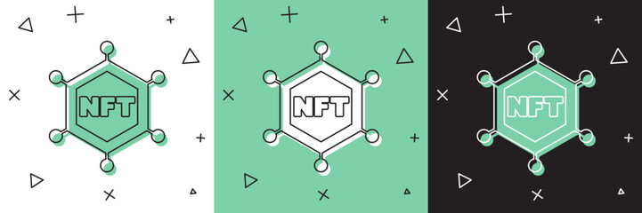 Set NFT blockchain technology icon isolated on white and green, black background. Non fungible token. Digital crypto art concept. Vector - obrazy, fototapety, plakaty