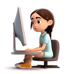 Drawing in the style of 3D cartoon. Girl at the computer.