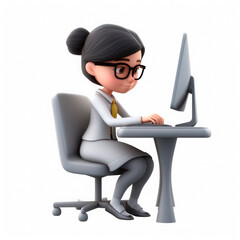 Drawing in the style of 3D cartoon. Girl at the computer.