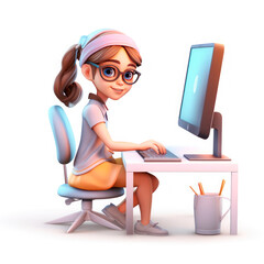 Drawing in the style of 3D cartoon. Girl at the computer.