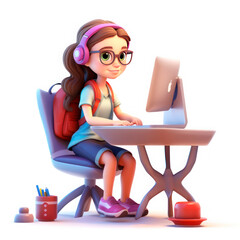 Drawing in the style of 3D cartoon. Girl at the computer.
