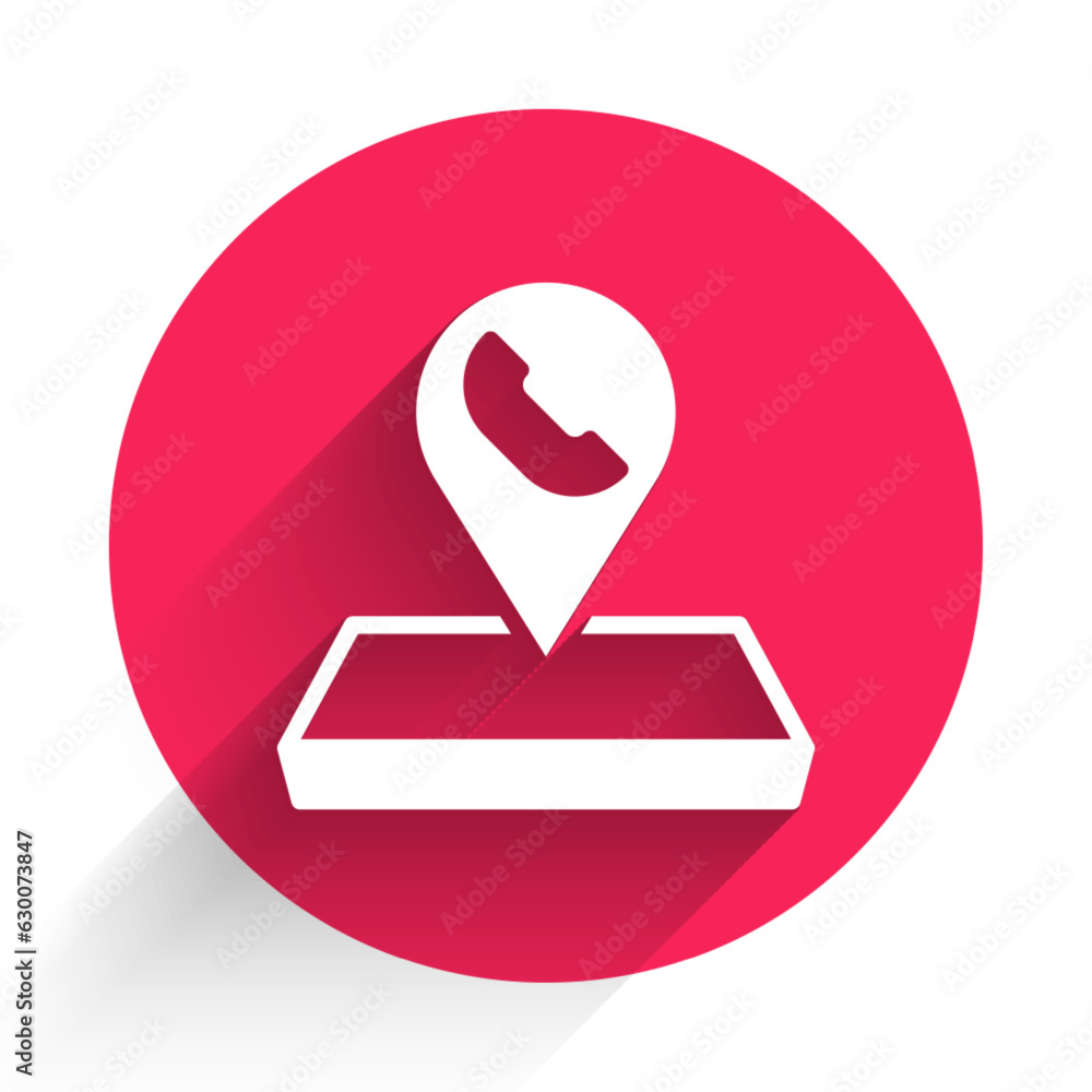 Poster white map pointer with telephone or communication icon isolated with long shadow background. call ce