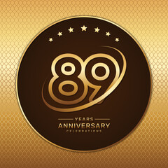 89th anniversary logo with a golden number and ring isolated on a golden pattern background, logo vector illustration