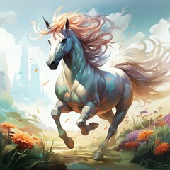 Unicorn running in an open field with rainbows. AI Generated