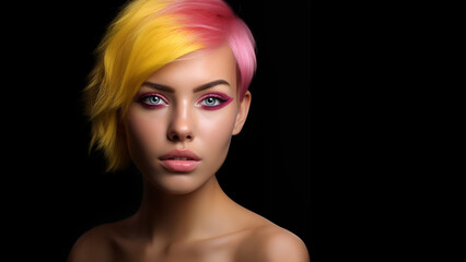 Fototapeta premium Hübsche Frau mit gefärbten und gelockten Haar mit modernster Frisur und edlen Visagistik Make up als Poster Nahaufnahme, ai generativ