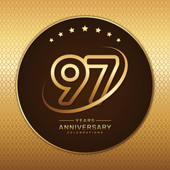 97th anniversary logo with a golden number and ring isolated on a golden pattern background, logo vector illustration