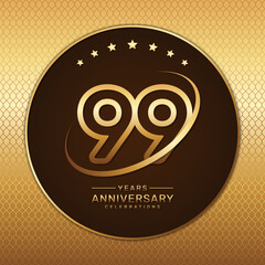 99th anniversary logo with a golden number and ring isolated on a golden pattern background, logo vector illustration