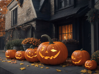 Merry Halloween. Many pumpkins on a dark street in anticipation of the holiday
