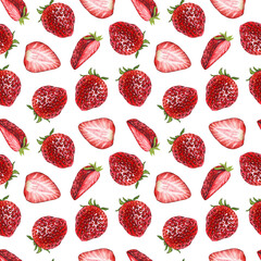 Watercolor seamless pattern red berry strawberry. Hand-drawn illustration isolated on white background. Perfect food menu, food drawing, design packing, textiles, fabrics print or poster, banner, card