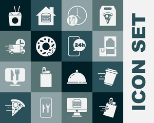 Set Online ordering and delivery, Coffee cup to go, Round the clock, Donut, Fast by car, Asian noodles chopsticks and Food icon. Vector