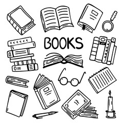 Vector set of doodle sketch of different paper books. Decorative doodle element for design and prints