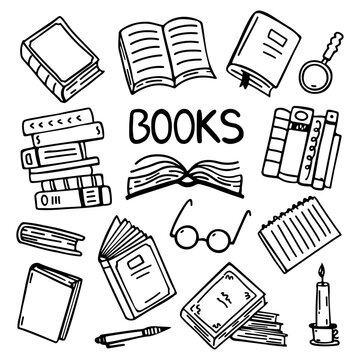 Vector set of doodle sketch of different paper books. Decorative doodle element for design and prints
