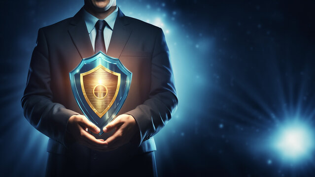 Geschaftsmann hält Gütesiegel für Versicherungen in der Hand,, ai generativ