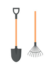 Shovel and rake and icon or sign isolated on white background. gardening tools design. vector illustration.