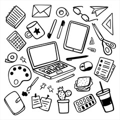 Vector set of stationary doodle sketches. Different doodle elements for working, education, creation