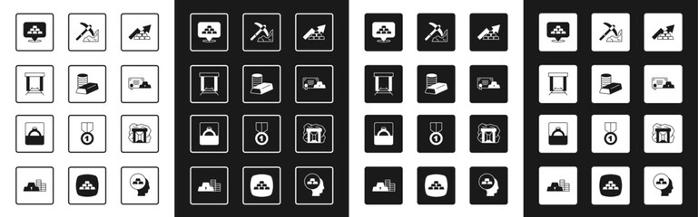 Set Growth arrow with gold bars, Gold coin, mine, certificate, mining, and Diamond engagement ring box icon. Vector