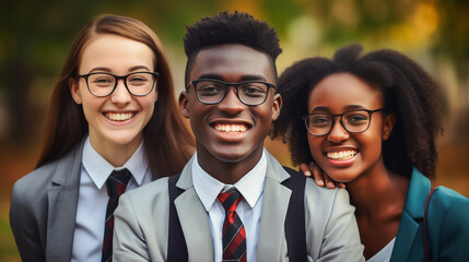 Three teenagers wearing school uniforms and black framed glasses, group of smiling school kids. Diverse group.