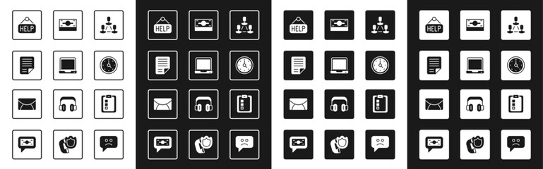 Set Employee hierarchy, Laptop, File document, Signboard with text Help, Clock, Stacks paper money cash, Online quiz, test, survey and Mail and e-mail icon. Vector