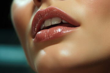 Shiny wet sexy lips with pink glossy lipstick close-up, plump lips with makeup