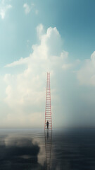Obraz premium Vertical picture of a silhouette of a man staying by a ladder to heavens. Dreamy atmosphere. Concept for heaven, dying, going to the other side, losing loved ones.