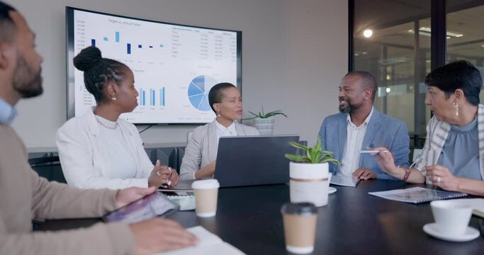 Teamwork, business people or black woman in meeting for financial charts analysis or graphs report. Leadership, collaboration or manager speaking of company growth data analytics on screen monitor