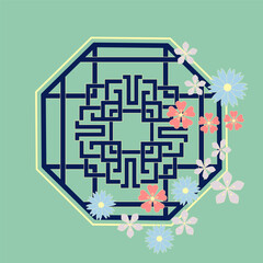 Chinese traditional window. Round frame in red flowers. Hand drawing of a Chinese bkue window in colors. Vector. Illustration for card, poster, banner, label, print. Romantic and cute design.