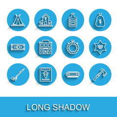 Set line Native American indian smoking pipe, Wanted western poster, Indian teepee or wigwam, Harmonica, Tomahawk axe, Wild saloon, Hexagram sheriff and Canteen water bottle icon. Vector