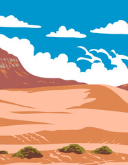 Fototapeta na wymiar WPA poster art of Coral Pink Sand Dunes State Park between Mount Carmel Junction and Kanab in Kane County in southwestern Utah, United States done in works project administration or Art Deco style.
