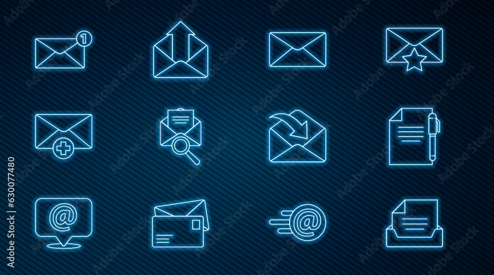 Poster set line drawer with document, document and pen, envelope, magnifying glass, received message concep
