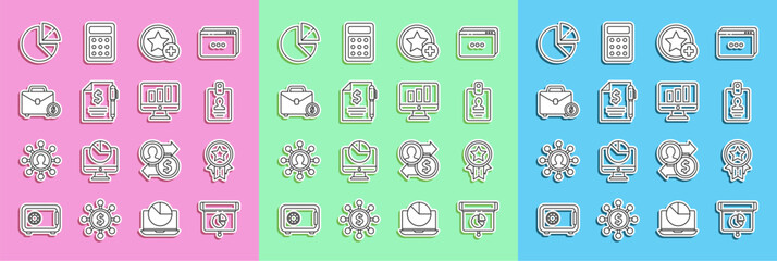 Set line Graph, chart, diagram, infographic, Medal with star, Identification badge, Star, Contract money and pen, Briefcase, Pie and Monitor icon. Vector