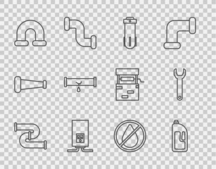 Fototapeta na wymiar Set line Industry metallic pipe, Container with drain cleaner, Water filter, Gas boiler burning fire, Broken leaking water, drop forbidden and Wrench spanner icon. Vector