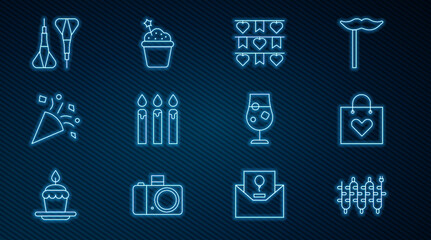Set line Christmas lights, Shopping bag with heart, Carnival garland flags, Birthday cake candles, Festive confetti, Dart arrow, Cocktail alcohol drink and Cake icon. Vector