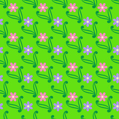 Summer pattern with pink and blue flower on green