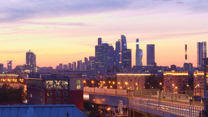 Evening Moscow landscape with beautiful sunset sky.