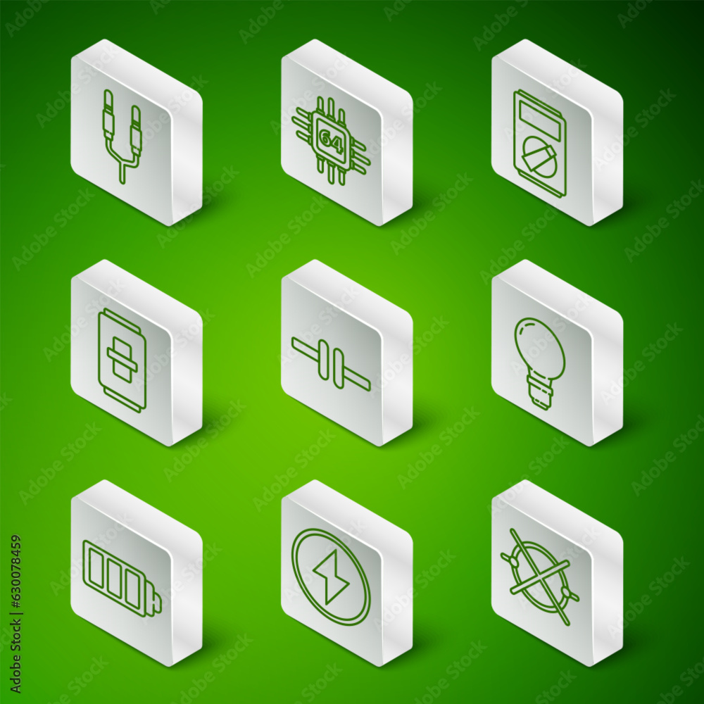 Poster set line electric circuit scheme, lightning bolt, audio jack, light switch, processor with microcirc