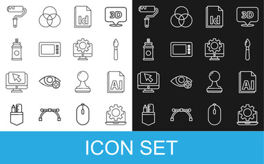 Set line Laptop and gear, AI file document, Paint brush, ID File, Graphic tablet, spray can, roller and Computer monitor icon. Vector