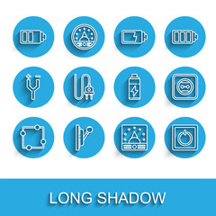 Set line Electric circuit scheme, Electrical panel, Battery charge level indicator, Ampere meter, multimeter, voltmeter, light switch, plug, outlet and icon. Vector