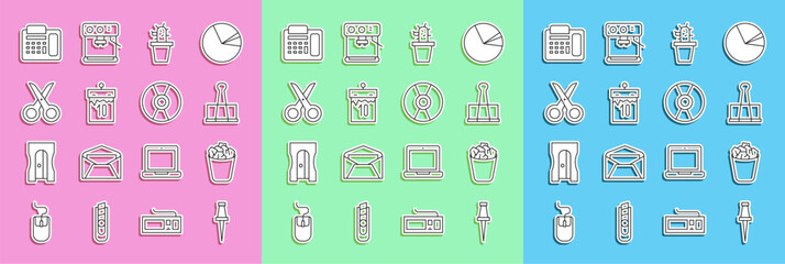 Set line Push pin, Full trash can, Binder clip, Cactus and succulent pot, Calendar, Scissors, Telephone and CD DVD disk icon. Vector