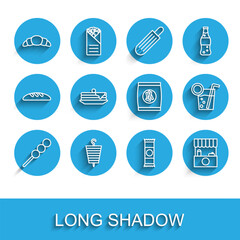 Set line Meatballs on wooden stick, Grilled shish kebab, Croissant, Chocolate bar, Street stall with awning, Stack of pancakes, Cocktail and Hard bread chucks crackers icon. Vector