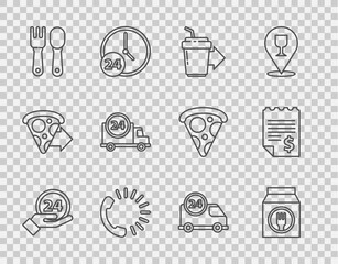 Set line Clock 24 hours, Online ordering and delivery, Coffee cup to go, Food, Fork spoon, Fast by car, and Paper financial check icon. Vector